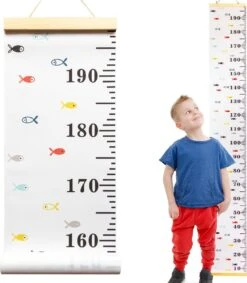 Frummel Groeimeter Hout & Canvas Vissen - Kinderkamer Decoratie | Babykamer Accessoires | Wanddecoratie | Kraamcadeau | Kinderkamer Decoratie | Meetlat Kinderen