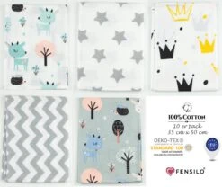 Spuugdoekjes – Monddoekjes – 10 Pack - Flanellen Doeken - Monddoekje 35x50cm – 100% Katoen – Fensilo – Spuugdoek Unisex – Wit – Dieren - Grijs - Flanellen Luiers -Baby Peuter Winkel 1200x1011 3