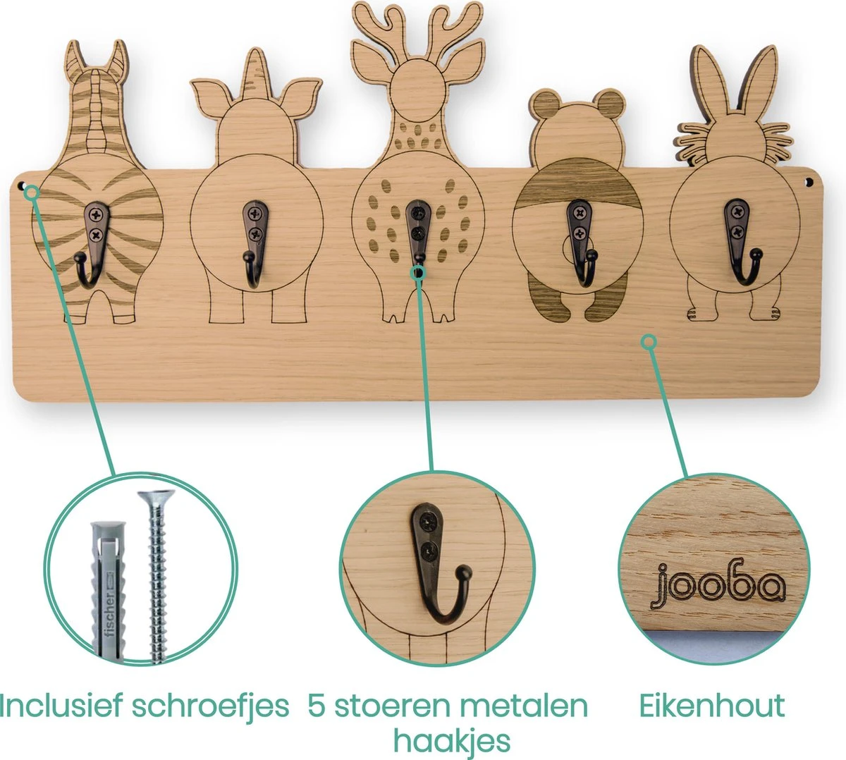 Jooba® Kinderkapstok - 5 Metalen Haken - Kapstok Met Dieren - Kapstok Hangend - Hout - Wandkapstok - Met Bevestigingsmateriaal 6 Jooba® Kinderkapstok - 5 Metalen Haken - Kapstok Met Dieren - Kapstok Hangend - Hout - Wandkapstok - Met Bevestigingsmateriaal - Afbeelding 4