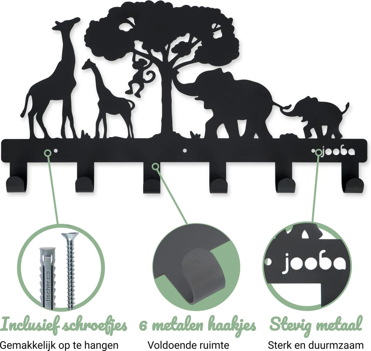 Jooba Kinderkapstok - Kinderkamer - 6 Haken - Jungle - Kapstok Hangend - Metaal - Zwart - Wandkapstok - Met Bevestigingsmateriaal 8 Jooba Kinderkapstok - Kinderkamer - 6 Haken - Jungle - Kapstok Hangend - Metaal - Zwart - Wandkapstok - Met Bevestigingsmateriaal - Afbeelding 6
