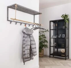 Merkloos DePauwWonen - Metal Bamboo Hoedenplank 6 Haaks Kapstok - LxBxH = 120 X 32 X 40cm - Grijs - Hangkapstok, Kapstok Haken, Hangend, Industrieel, Wandkapstok