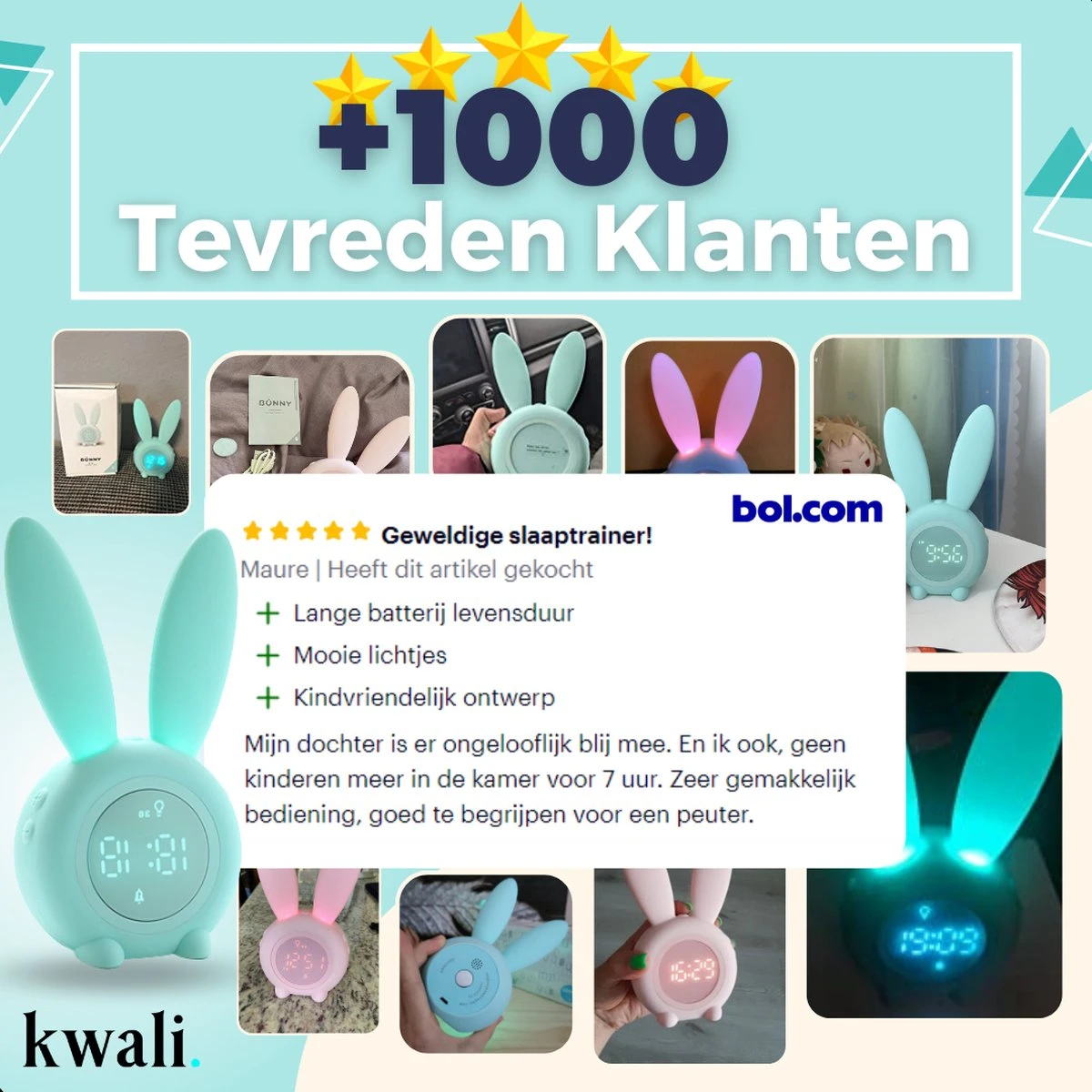 Kwali.® Slaaptrainer Kinderen - Kinderwekker - Nachtlampje Kinderen - Groen Konijn 6 Kwali.® Slaaptrainer Kinderen - Kinderwekker - Nachtlampje Kinderen - Groen Konijn - Afbeelding 4