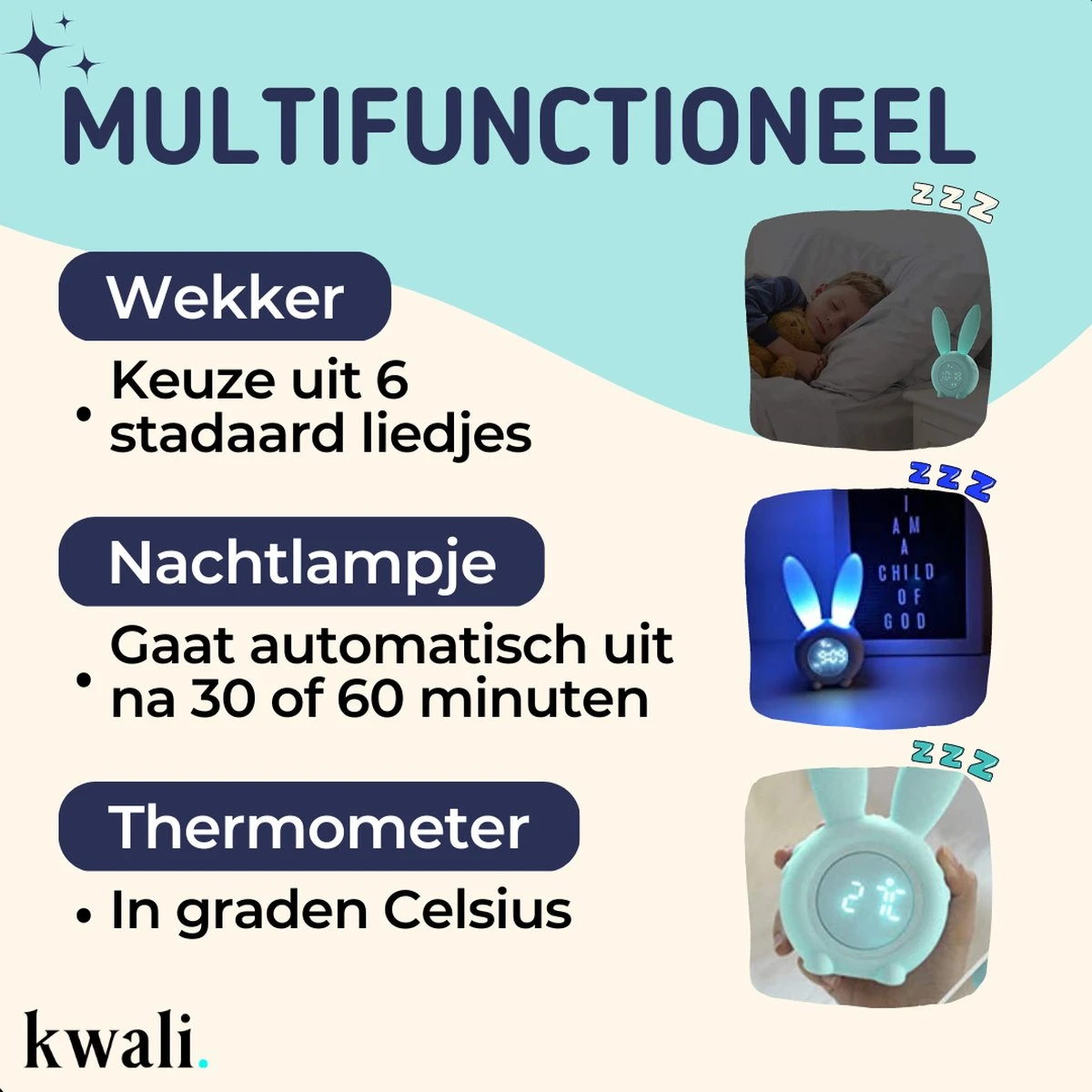 Kwali.® Slaaptrainer Kinderen - Kinderwekker - Nachtlampje Kinderen - Groen Konijn 7 Kwali.® Slaaptrainer Kinderen - Kinderwekker - Nachtlampje Kinderen - Groen Konijn - Afbeelding 5