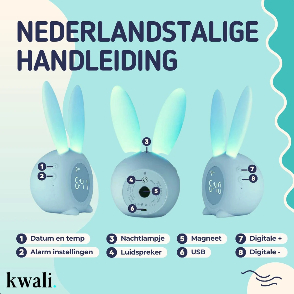 Kwali.® Slaaptrainer Kinderen - Kinderwekker - Nachtlampje Kinderen - Groen Konijn 12 Kwali.® Slaaptrainer Kinderen - Kinderwekker - Nachtlampje Kinderen - Groen Konijn - Afbeelding 10