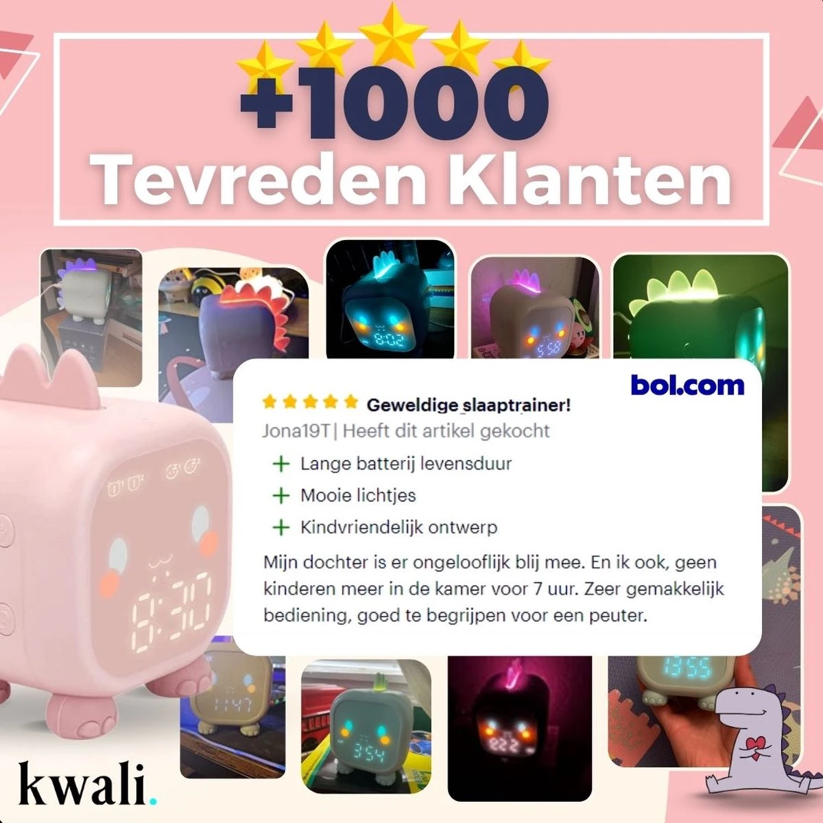 Kwali.® Slaaptrainer Kinderen - Kinderwekker - Nachtlampje Kinderen - Roze Dino 6 Kwali.® Slaaptrainer Kinderen - Kinderwekker - Nachtlampje Kinderen - Roze Dino - Afbeelding 4