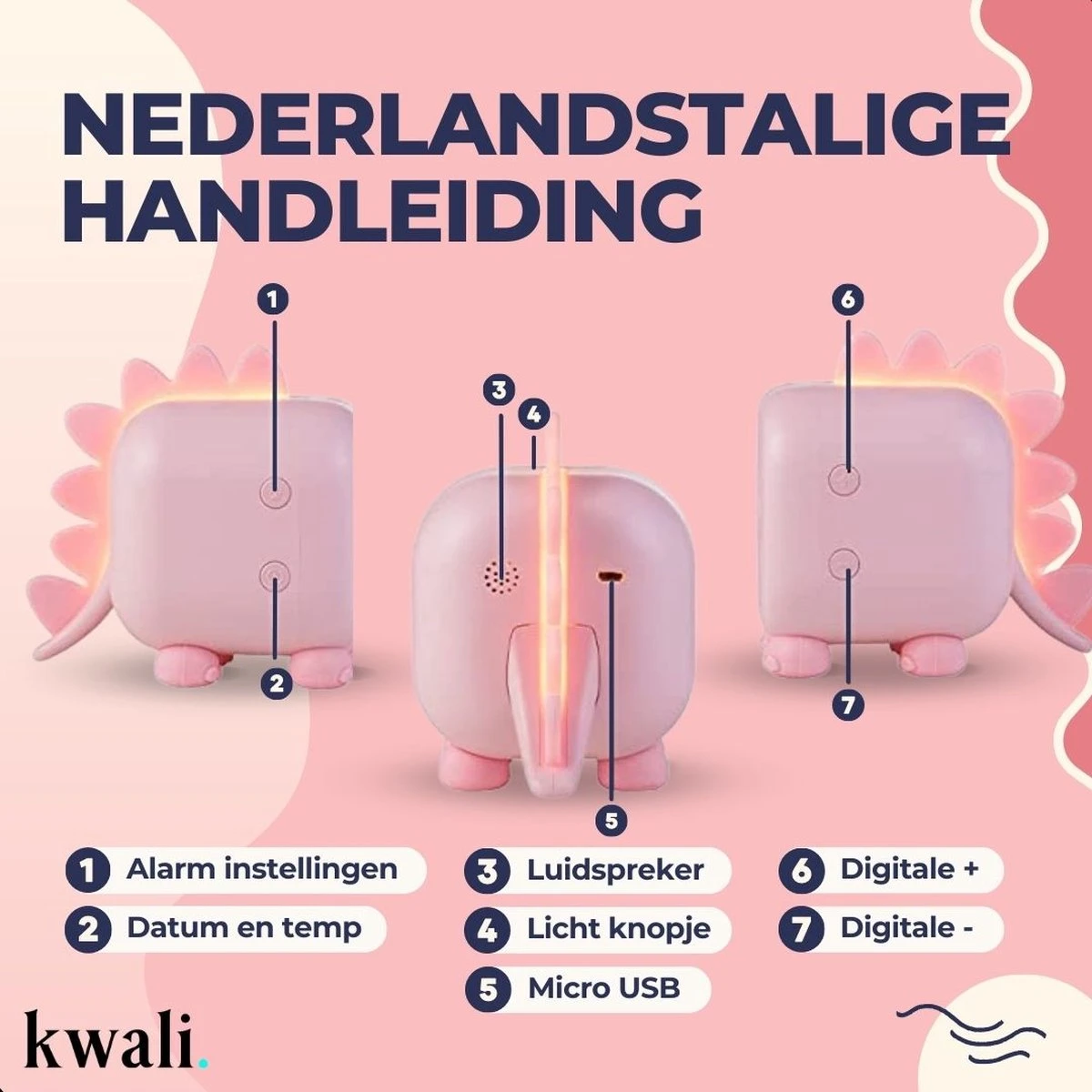 Kwali.® Slaaptrainer Kinderen - Kinderwekker - Nachtlampje Kinderen - Roze Dino 12 Kwali.® Slaaptrainer Kinderen - Kinderwekker - Nachtlampje Kinderen - Roze Dino - Afbeelding 10