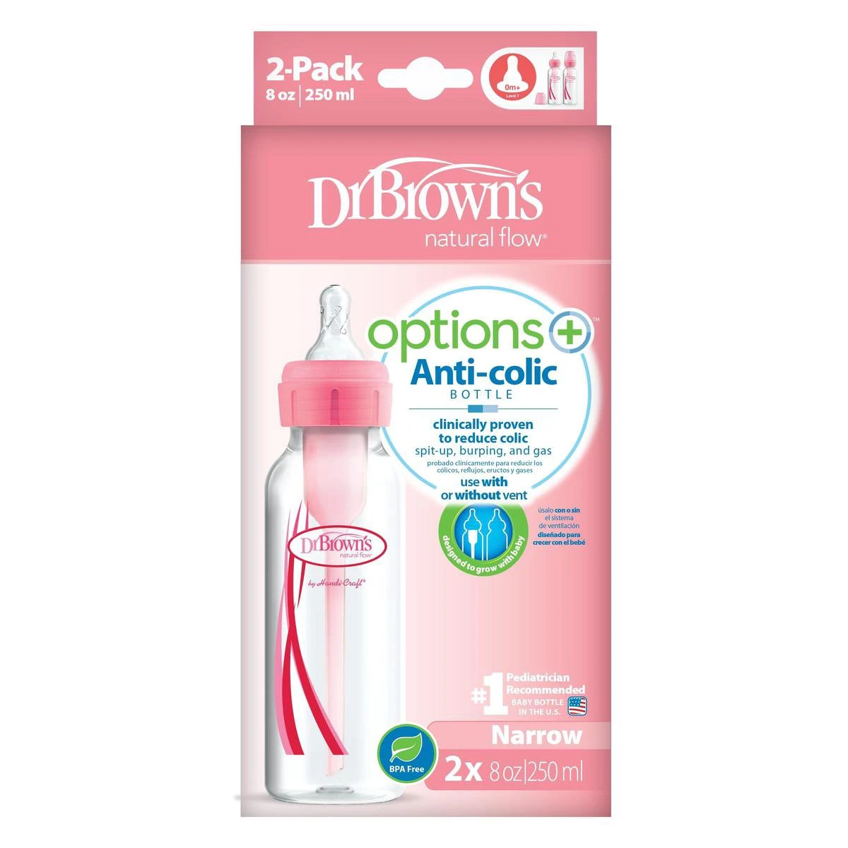 Dr. Brown's Options+ Anti-colic Standaard Fles - 250 Ml - Roze - Duopack 4 Dr. Brown's Options+ Anti-colic Standaard Fles - 250 Ml - Roze - Duopack - Afbeelding 2
