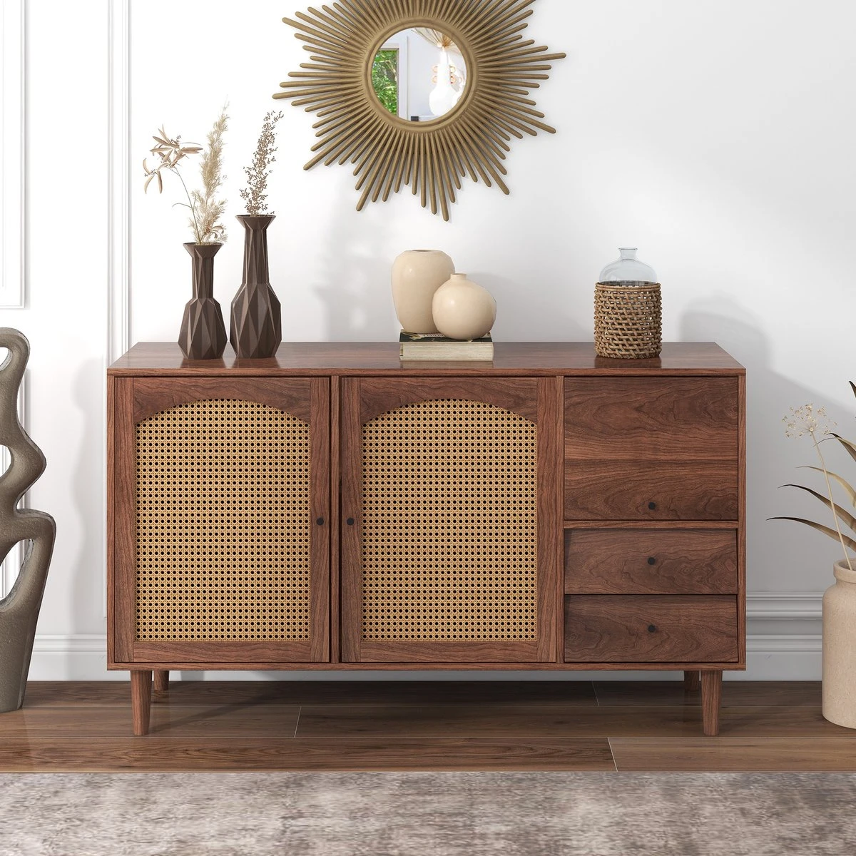 Merax Sideboard Houten Commode - Dressoir Met Rotan Deuren - Bruin 9 Merax Sideboard Houten Commode - Dressoir Met Rotan Deuren - Bruin - Afbeelding 7