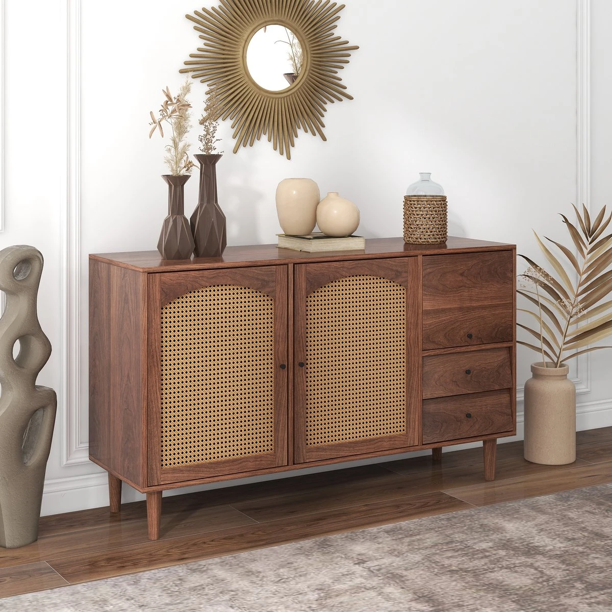 Merax Sideboard Houten Commode - Dressoir Met Rotan Deuren - Bruin 22 Merax Sideboard Houten Commode - Dressoir Met Rotan Deuren - Bruin - Afbeelding 20