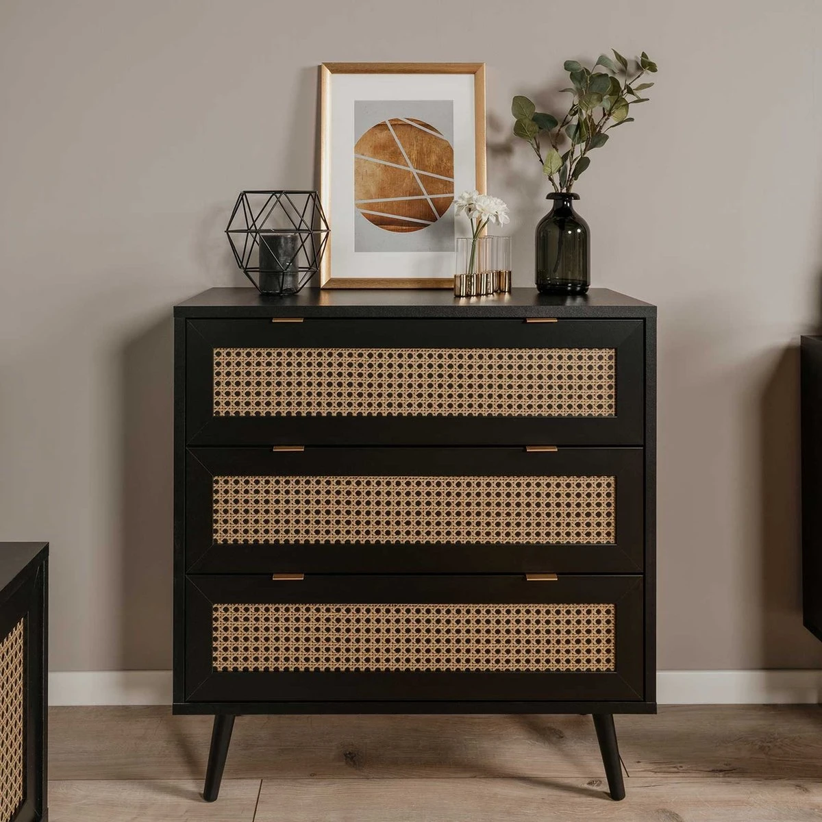 Commode 3 Tiroirs Impression Cannage Et Noir Vienna - L80 X H80 X P40 Cm 3 Commode 3 Tiroirs Impression Cannage Et Noir Vienna - L80 X H80 X P40 Cm