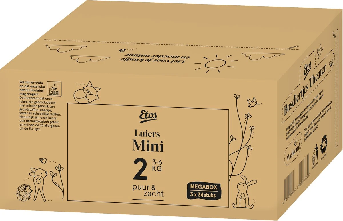 Etos Luiers Puur & Zacht - Maat 2 - 3 Tot 6 Kg - 102 Stuks (3x34) 4 Etos Luiers Puur & Zacht - Maat 2 - 3 Tot 6 Kg - 102 Stuks (3x34) - Afbeelding 2