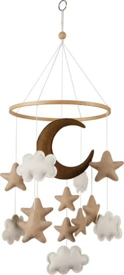 Jean's Goods Baby Mobiel Maan Sterren - Organisch Katoen - Box Mobiel Vilt - Kraamcadeau - Wieg - Babykamer - Babymobiel - Boxmobiel - Baby Cadeau - Beige