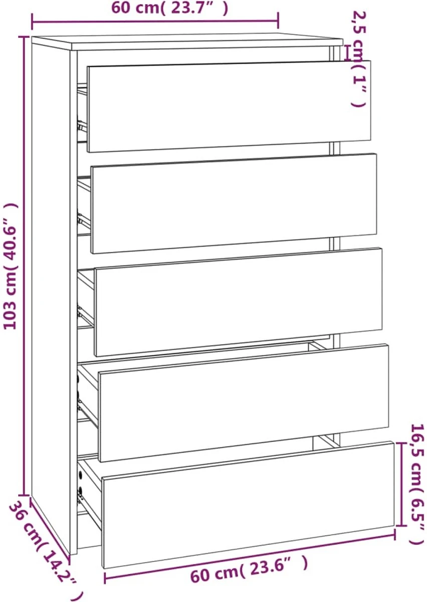 VidaXL Ladekast 60x36x103 Cm Bewerkt Hout Zwart 5 VidaXL Ladekast 60x36x103 Cm Bewerkt Hout Zwart - Afbeelding 3