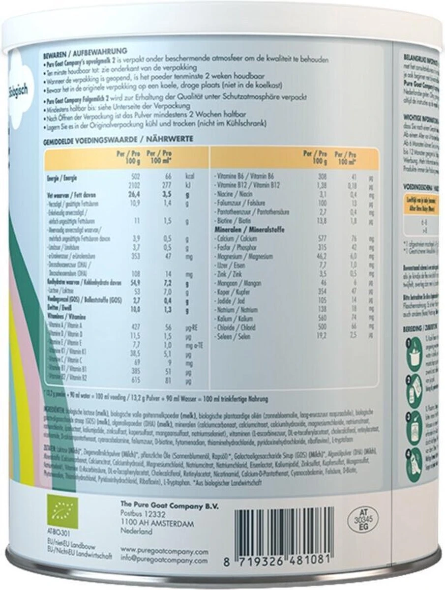 Pure Goat Company - Opvolgmelk 2 - Biologische Flesvoeding Op Basis Van Volle Geitenmelk - 800 Gram 5 Pure Goat Company - Opvolgmelk 2 - Biologische Flesvoeding Op Basis Van Volle Geitenmelk - 800 Gram - Afbeelding 3