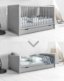 Petite Amélie ® Ledikant - Babybed Met Matras Grijs 70x140 Cm - Meegroeibed 0 - 6 Jaar - Groeit Met Je Kind Mee