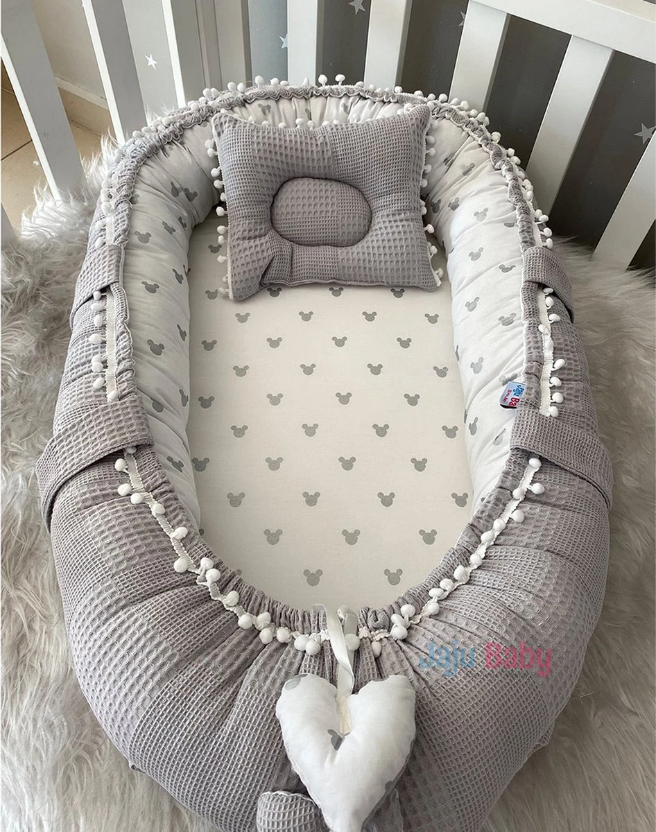 SNS Baby - Babynestje En Hoofdkussen - Organische Katoen - Antibacterieel Babynestje - Anti-Allergisch Babynestje - Grijs En Muis Patroon - 74 X 40 Cm 3 SNS Baby - Babynestje En Hoofdkussen - Organische Katoen - Antibacterieel Babynestje - Anti-Allergisch Babynestje - Grijs En Muis Patroon - 74 X 40 Cm